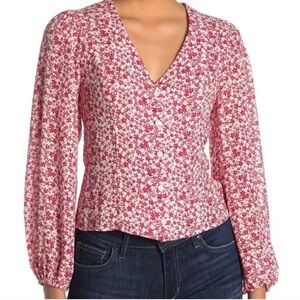 Lush Women White & Red Floral Long Sleeve V-Neck Button-Front Blouse Sz XS EUC